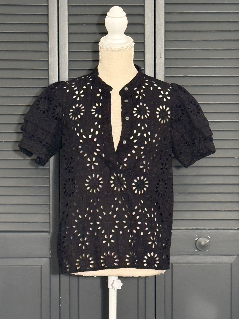J.Crew Black Eyelet Puff Sleeve Top Re-Imagined Cotton Blend Split Neck XS